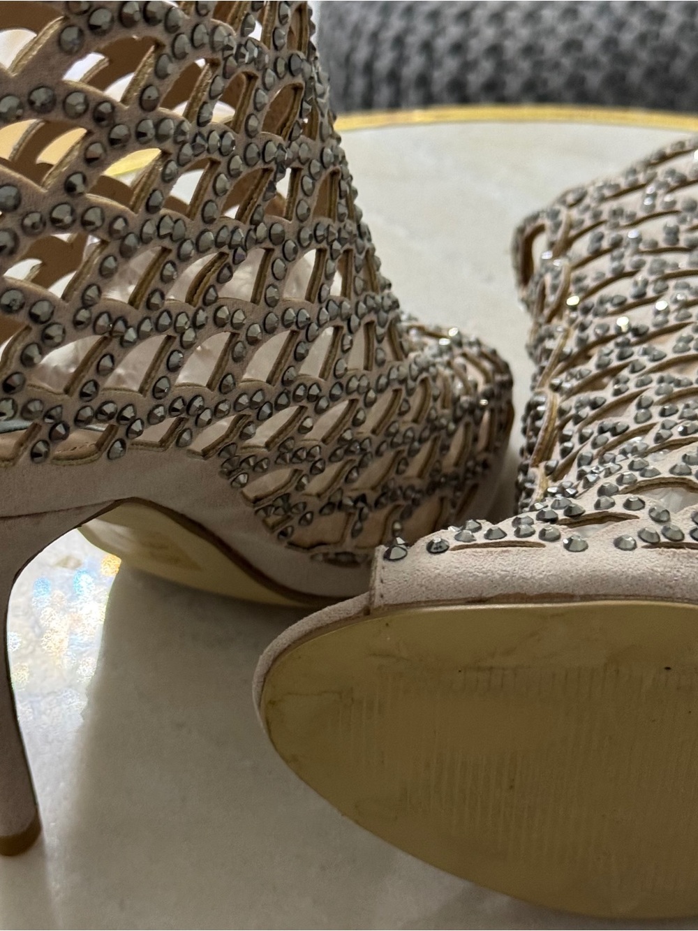 Beige Crystal Cutout Stiletto Booties - Women's Evening Heels - Picture 3 of 5